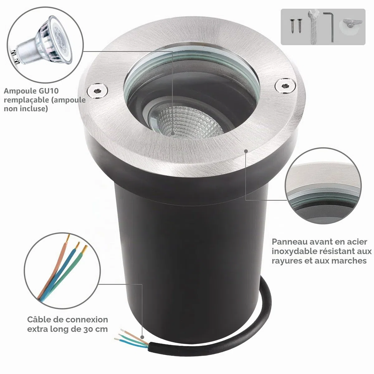 orientable Spot Exterieur encastrable au sol pour GU10, IP67 étanche LED Spot Terrasse Extérieur Spot de sol rond et praticable pour l’extérieur, 230V lampe de sol ronde pour Pelouse, Cour