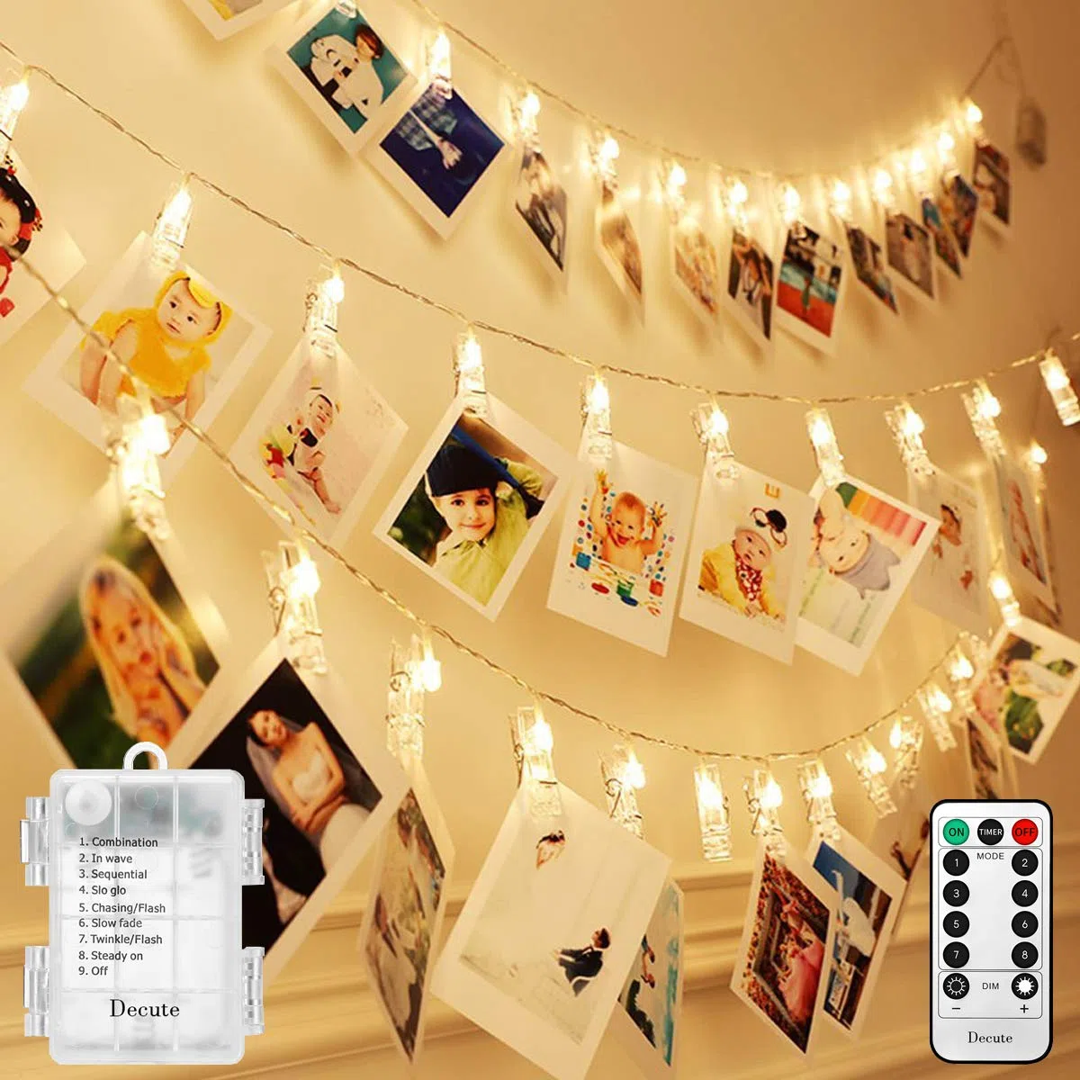 Decute Guirlande lumineuse à 50 LED à intensité variable avec télécommande et fonction minuterie, guirlande lumineuse pour accrocher photos, cartes, mémos, décoration de Noël pour chambre à coucher,