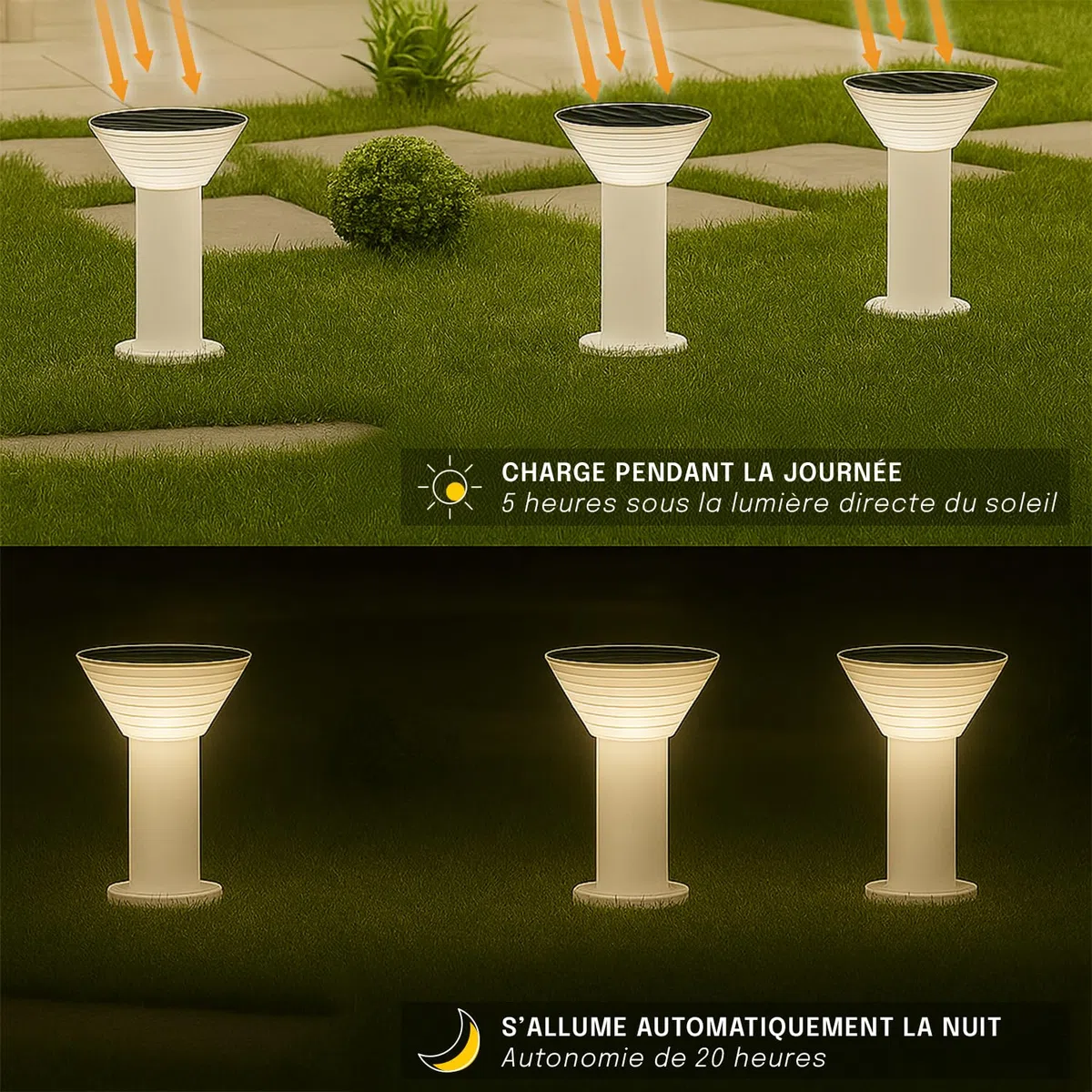 Lampe Solaire Extérieur Jardin – Borne Solaire LED 300 Lumens IP65 – 3000K/6000K – Autonomie 20h, Recharge 5h – Pour Cour, Terrasse, Allée – Aluminium Résistant (Rond, 30 CM)