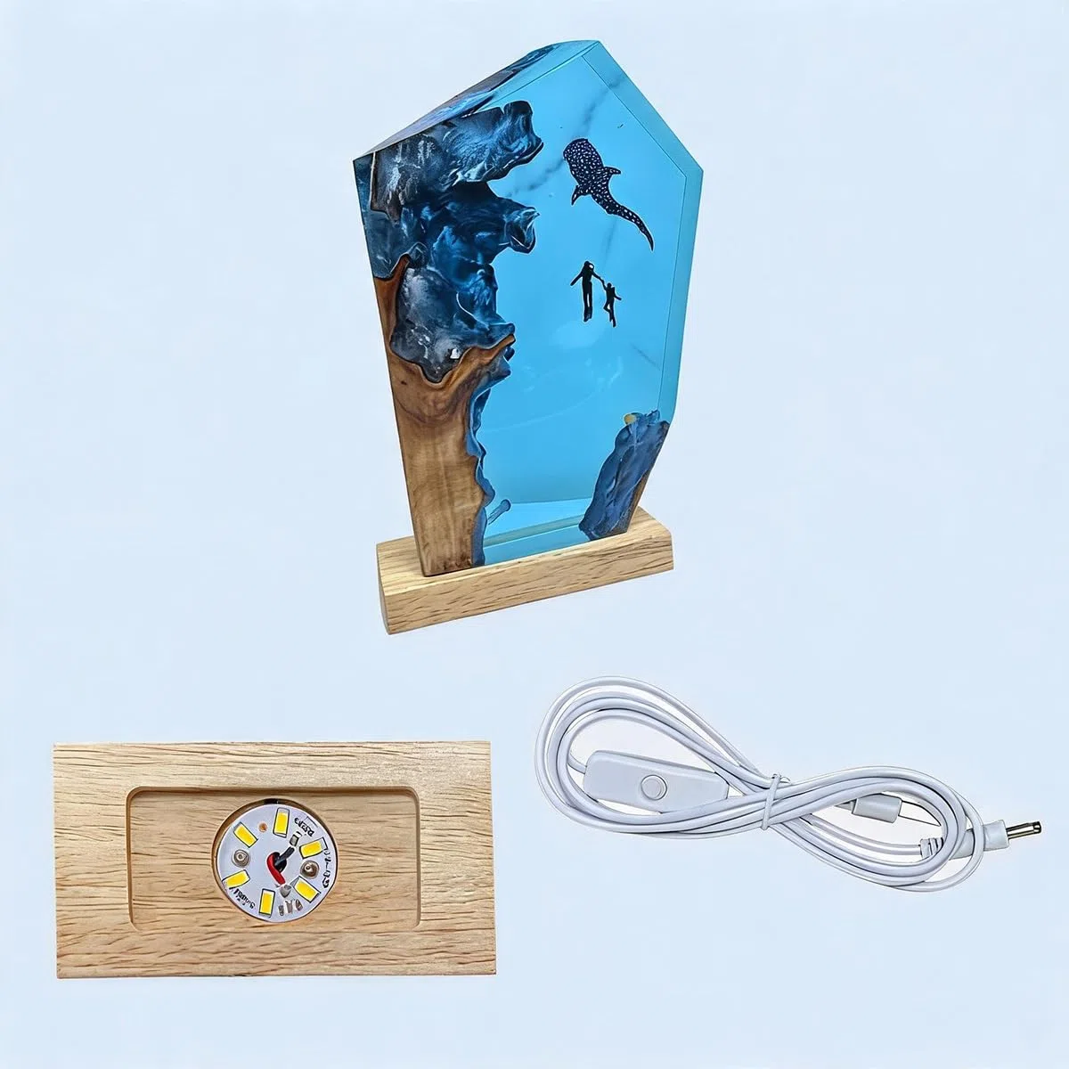 Lampe en résine faite à la main avec port USB, décoration de maison, chambre à coucher, bureau, cadeau d'anniversaire pour père, mari (hauteur 25 cm)