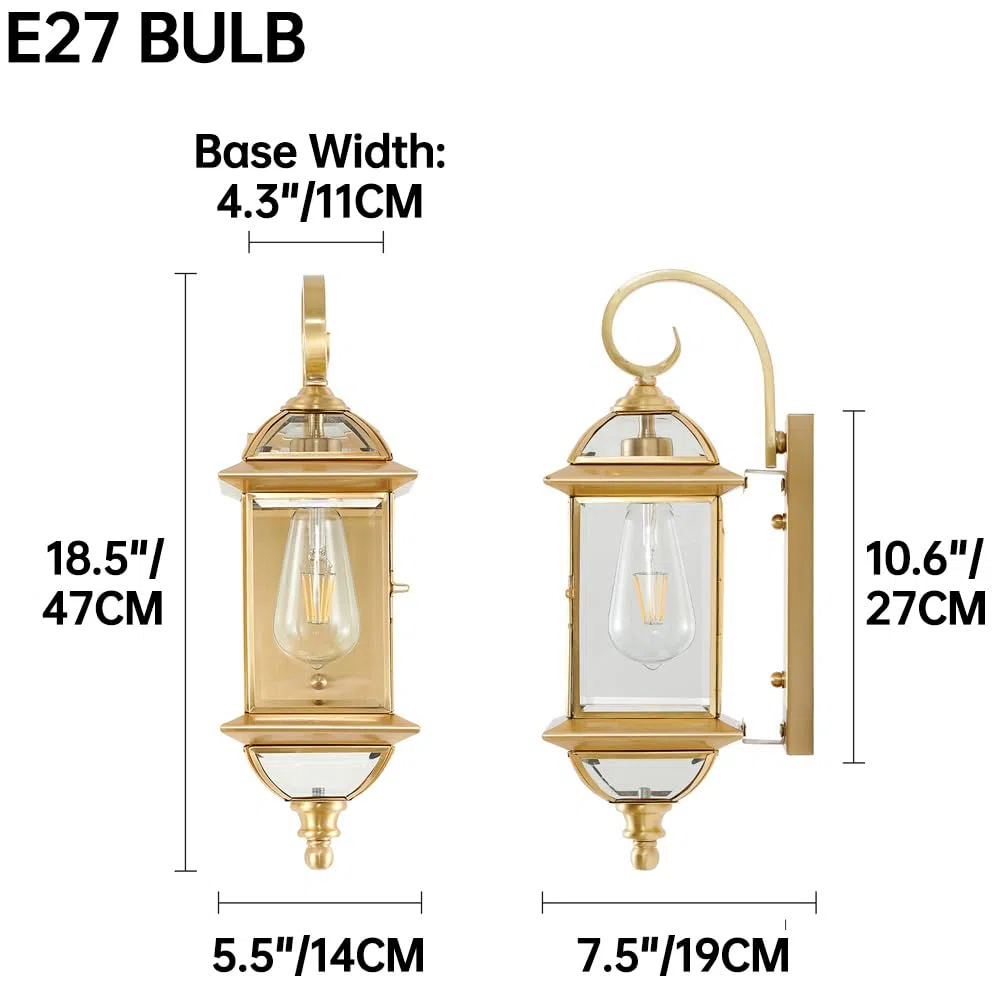 Applique murale d'extérieur en laiton de 47 cm – Style européen IP65 – Applique en verre étanche pour porche, jardin, garage, porte d'entrée, terrasse et balcon – Luminaire extérieur