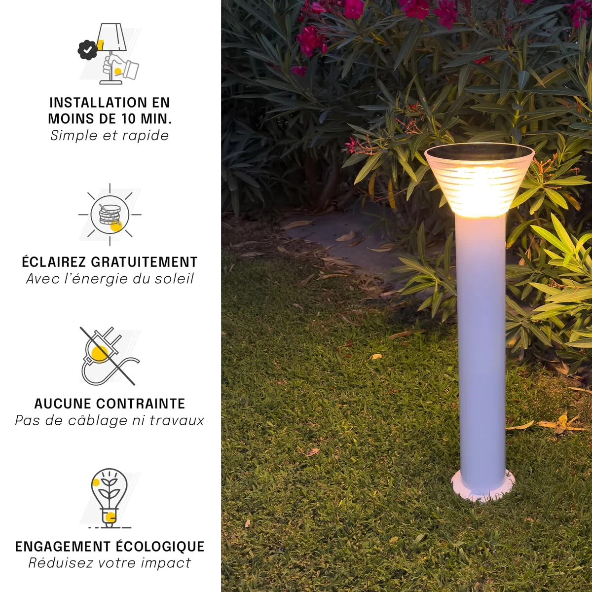 Lampe Solaire Extérieur Jardin – Borne Solaire LED 300 Lumens IP65 – 3000K/6000K – Autonomie 20h, Recharge 5h – Pour Cour, Terrasse, Allée – Aluminium Résistant (Rond, 30 CM)