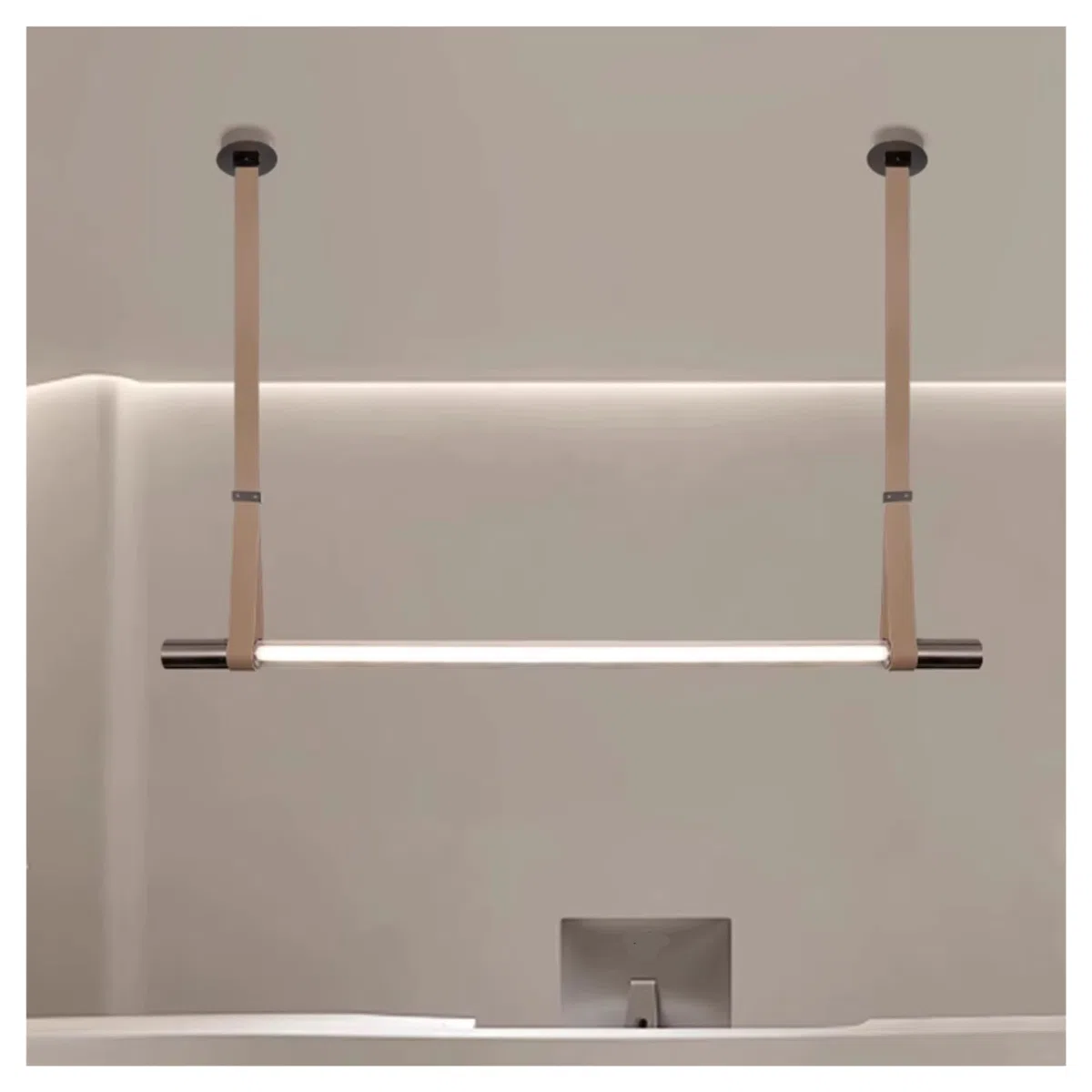 Ceinture Longue en Cuir léger et Luxueux, Style Minimaliste Moderne, idéale pour la Salle à Manger d'un Restaurant et créant Une Ambiance chaleureuse.