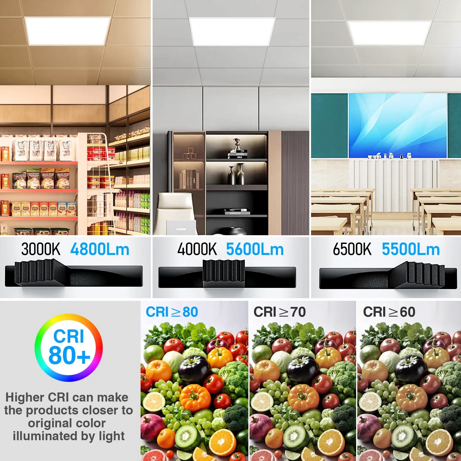 Panneau LED plafond 60x60 (lot de 12), dalle LED 60x60 encastrable, éclairage de plafond avec technologie CCT 3-en-1 – température de couleur et lumens réglables, UGR≤23, IP44 (12 pièces)