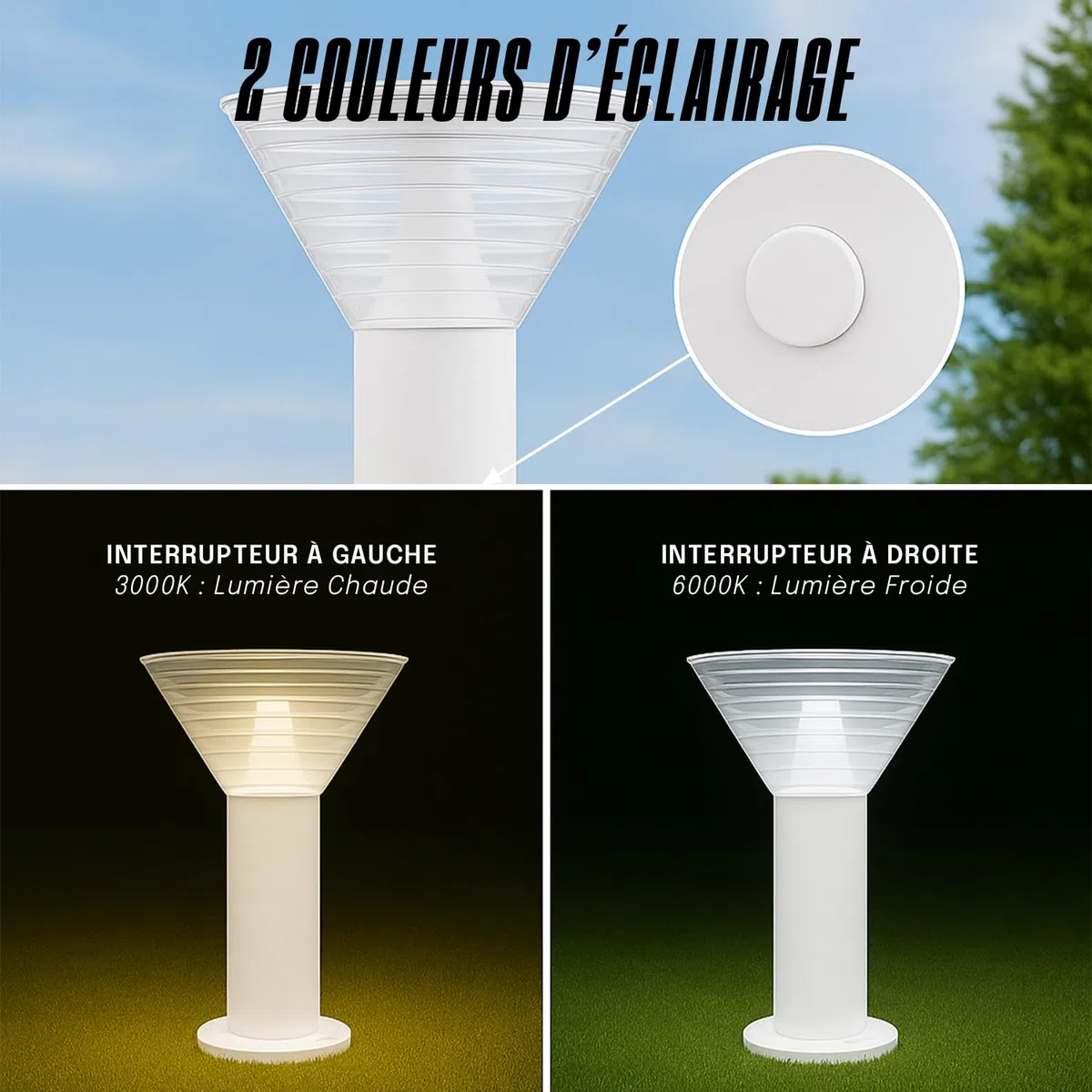 Lampe Solaire Extérieur Jardin – Borne Solaire LED 300 Lumens IP65 – 3000K/6000K – Autonomie 20h, Recharge 5h – Pour Cour, Terrasse, Allée – Aluminium Résistant (Rond, 30 CM)